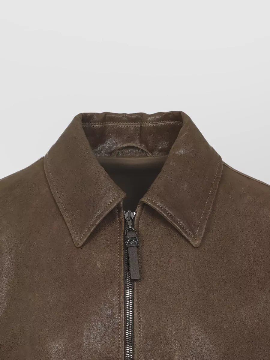 Brunello Cucinelli Leather Bomber Jacket Point Collar Hem