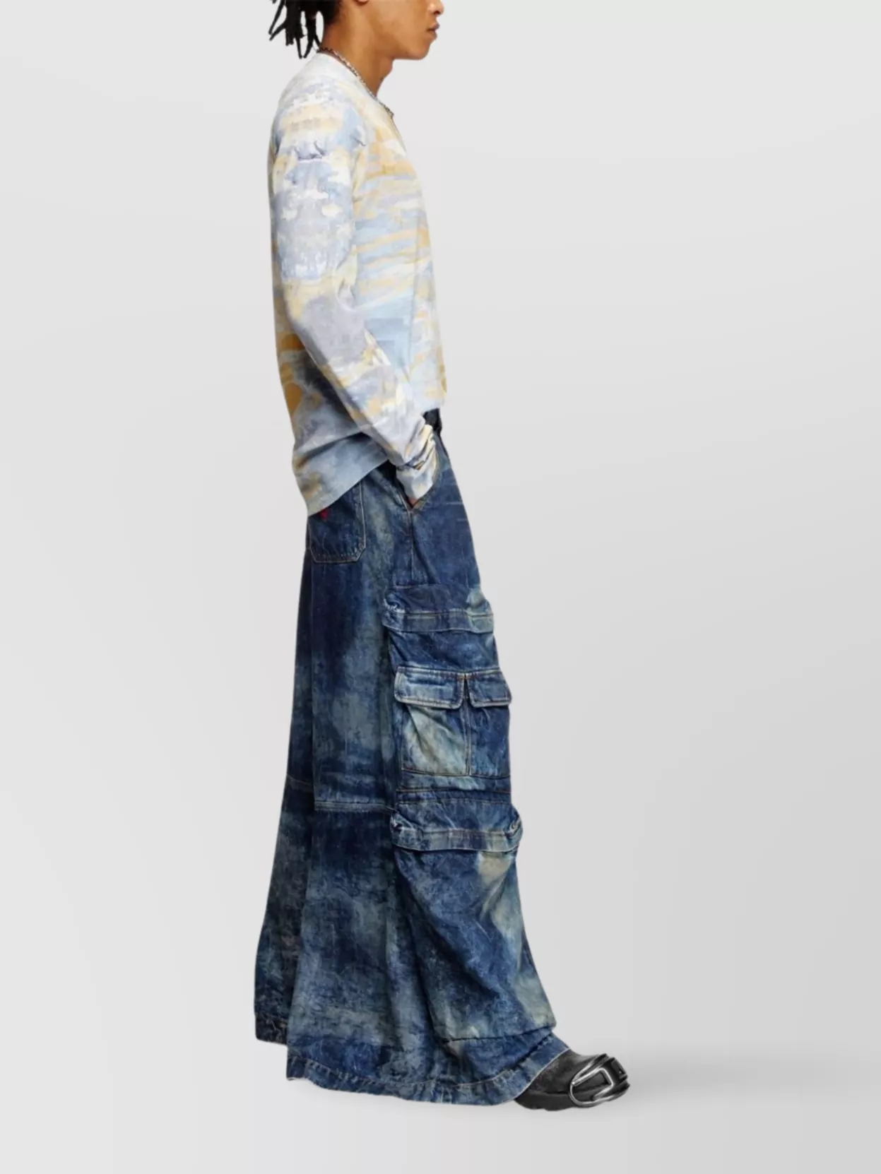 Diesel Wide-Leg Distressed Denim Cargo Trousers