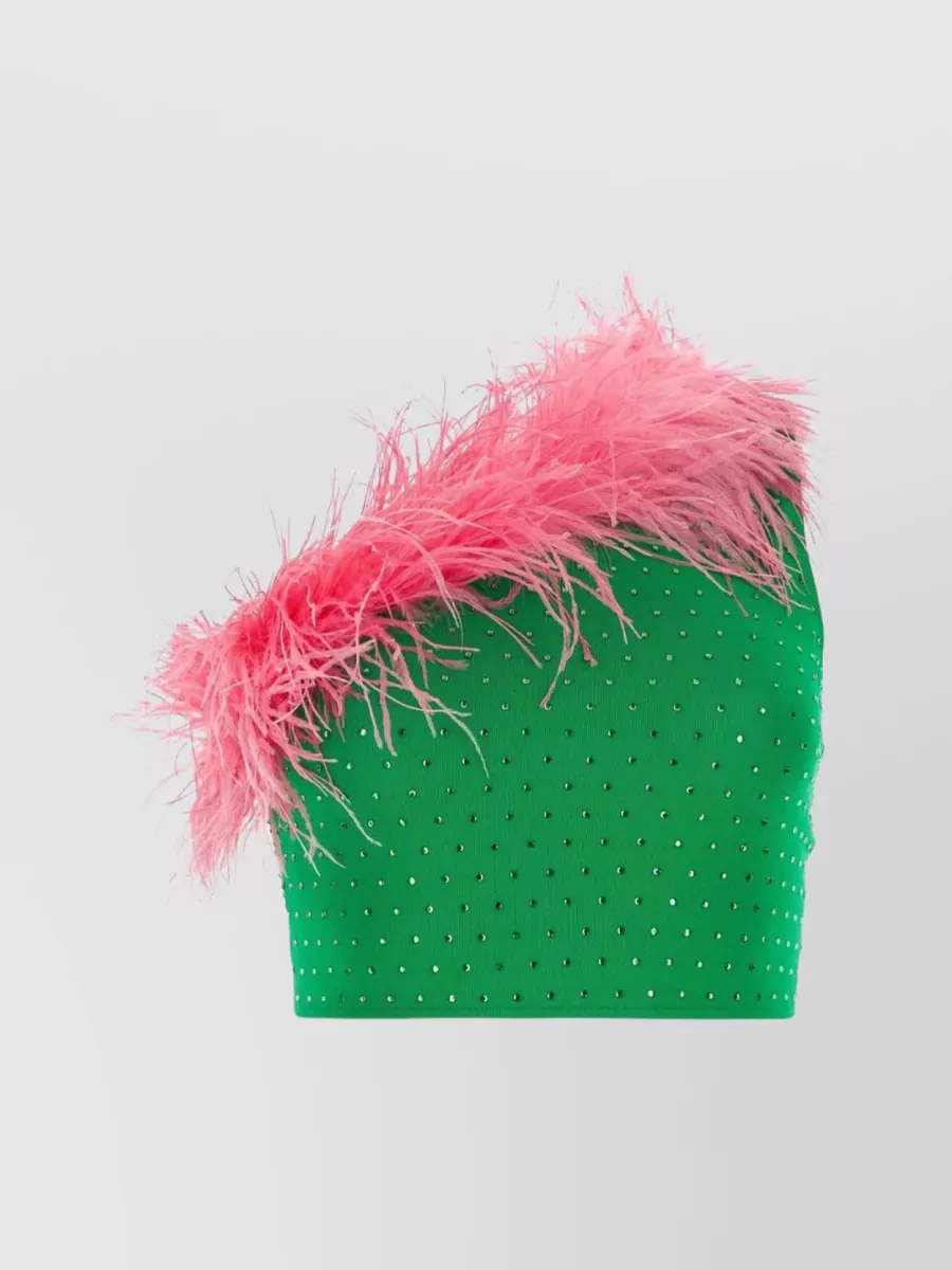 Shop Chiara Ferragni Rhinestone Embellished Feathered One-shoulder Top In Green