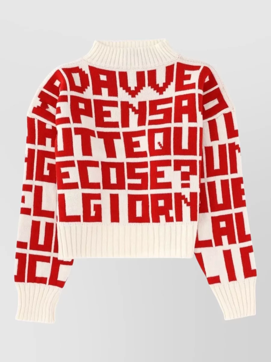 Msgm Graphic Knitwear With Mock Neck And Long Sleeves In Red