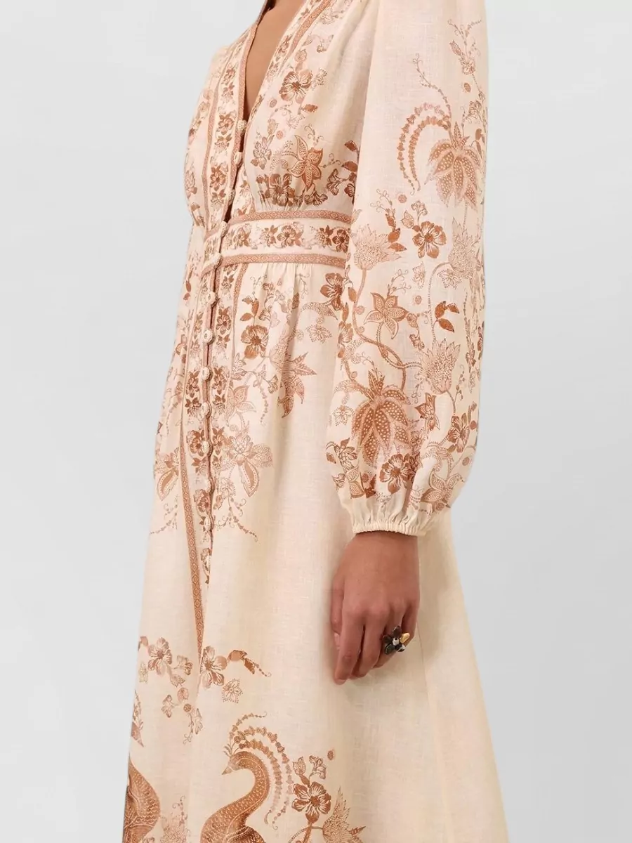 Zimmermann Linen Floral-Print Long-Sleeve V-Neck Maxi Dress