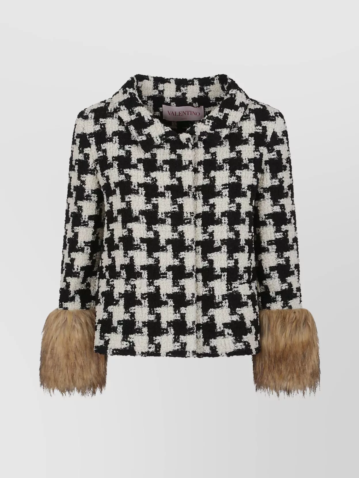 Valentino Textured Houndstooth Jacket With Faux Fur Cuffs