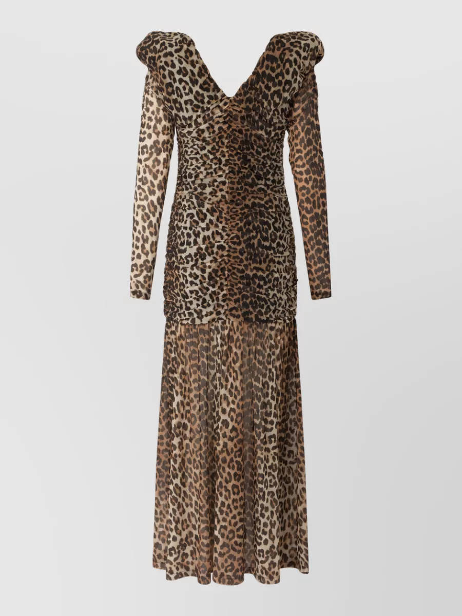 Ganni Animal-Print Draped V-Neck Long-Sleeve Maxi Dress