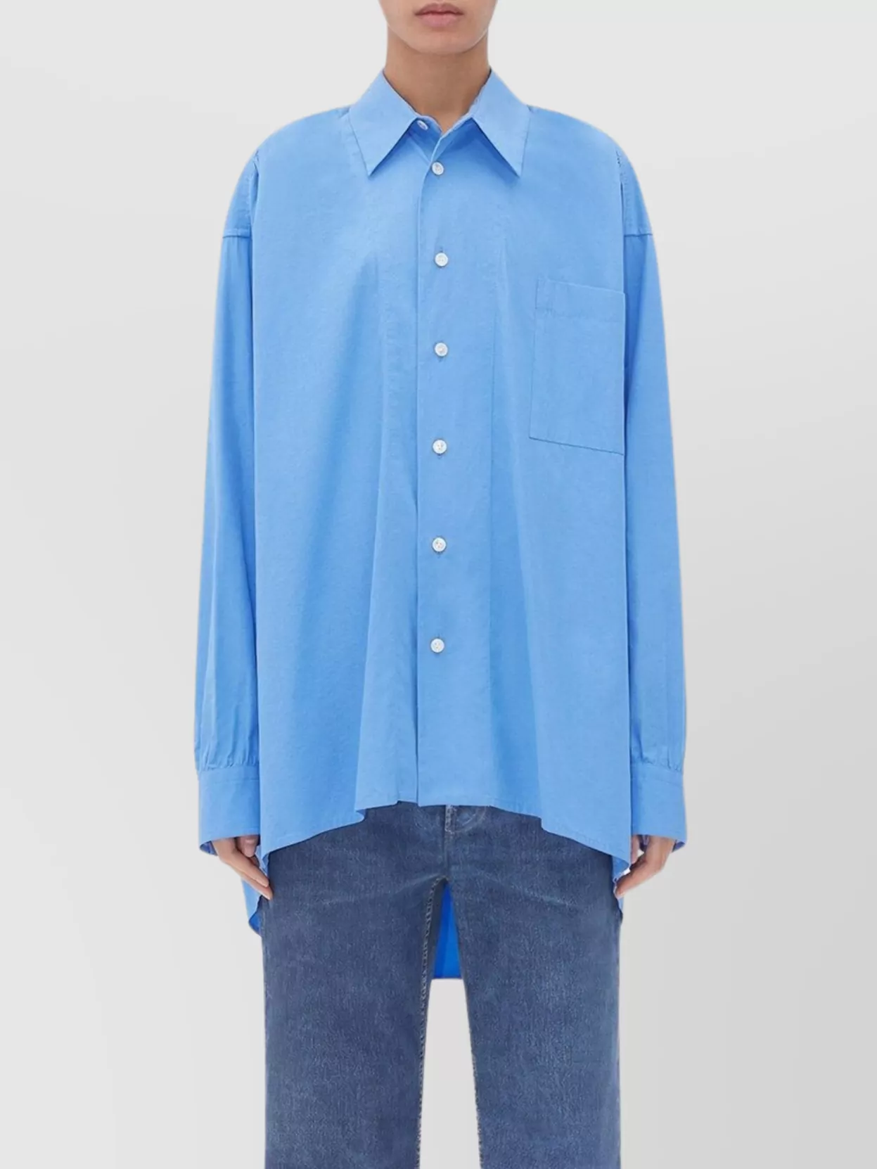 Shop Bottega Veneta Curved Hem Oversized Collar Shirt With Pocket In Blue