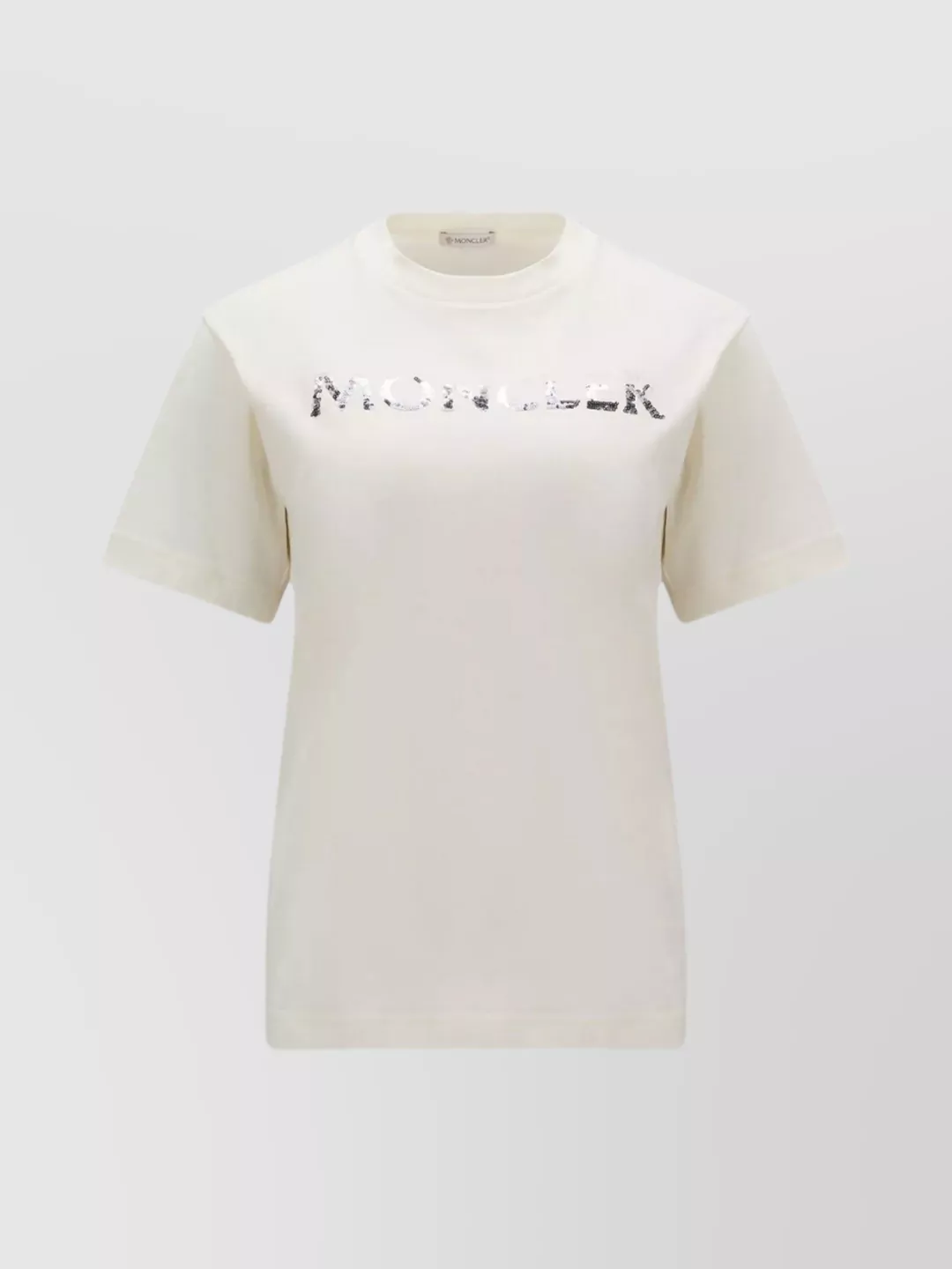 Shop Moncler Crew Neck Sequin Logo T-shirt In Cream