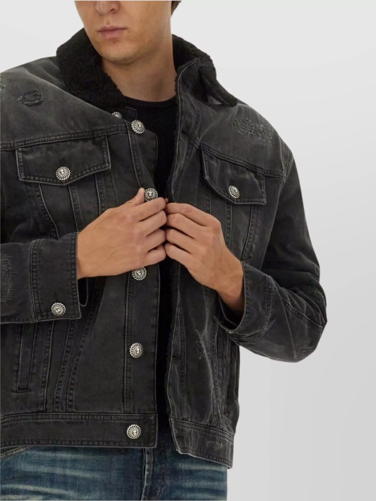Balmain Distressed Shearling Collar Jacket
