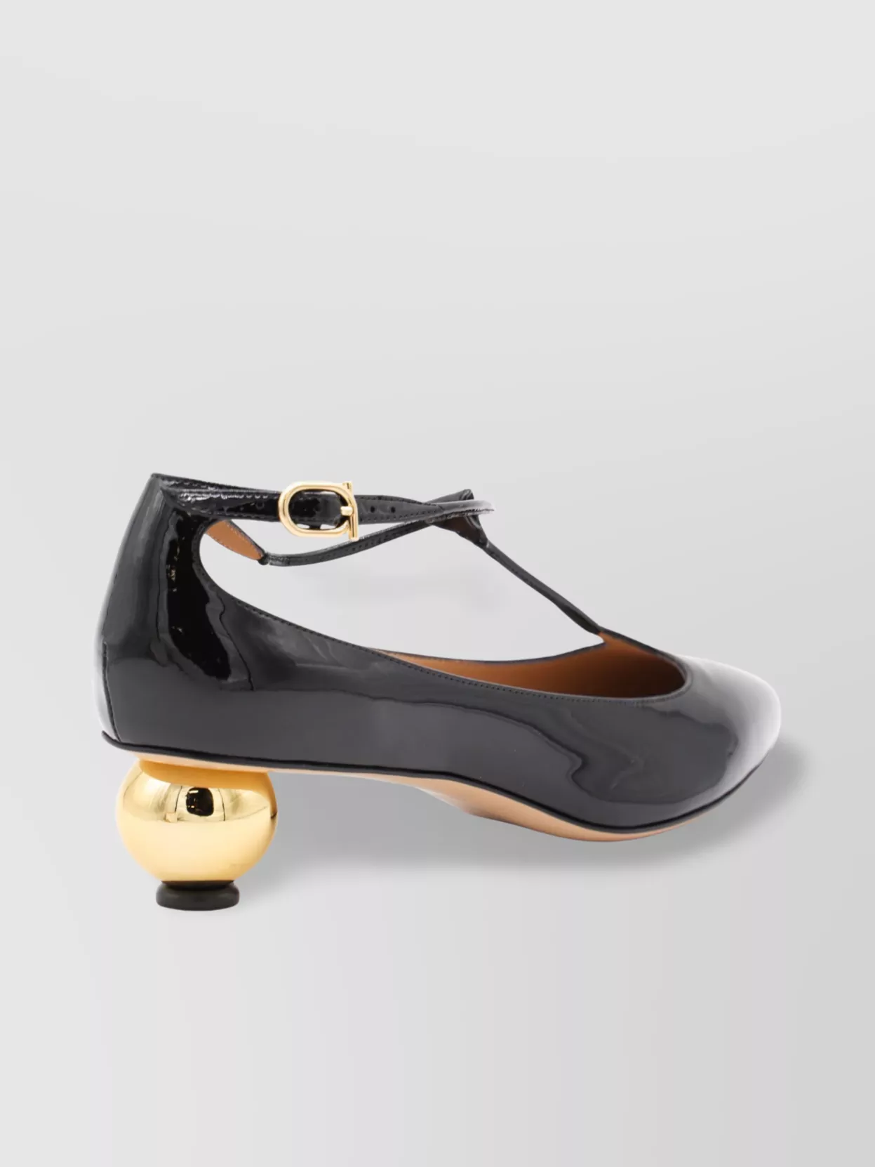 Ferragamo Round Toe T-Bar Strap Gold Heel