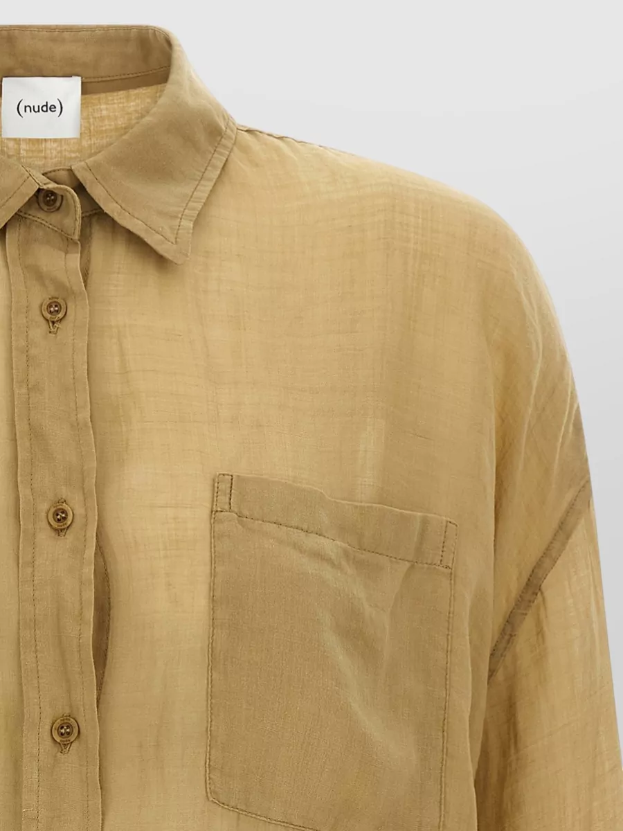 Nude Linen Blend Cropped Long-Sleeve Shirt