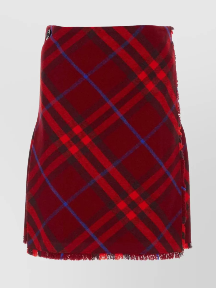 Shop Burberry Plaid Fringed Wool Wrap Skirt In Burgundy