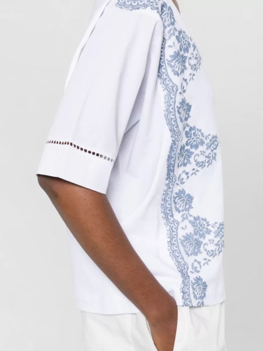 Ermanno Firenze Cotton Floral-Print Pointelle V-Neck Short-Sleeve Blouse