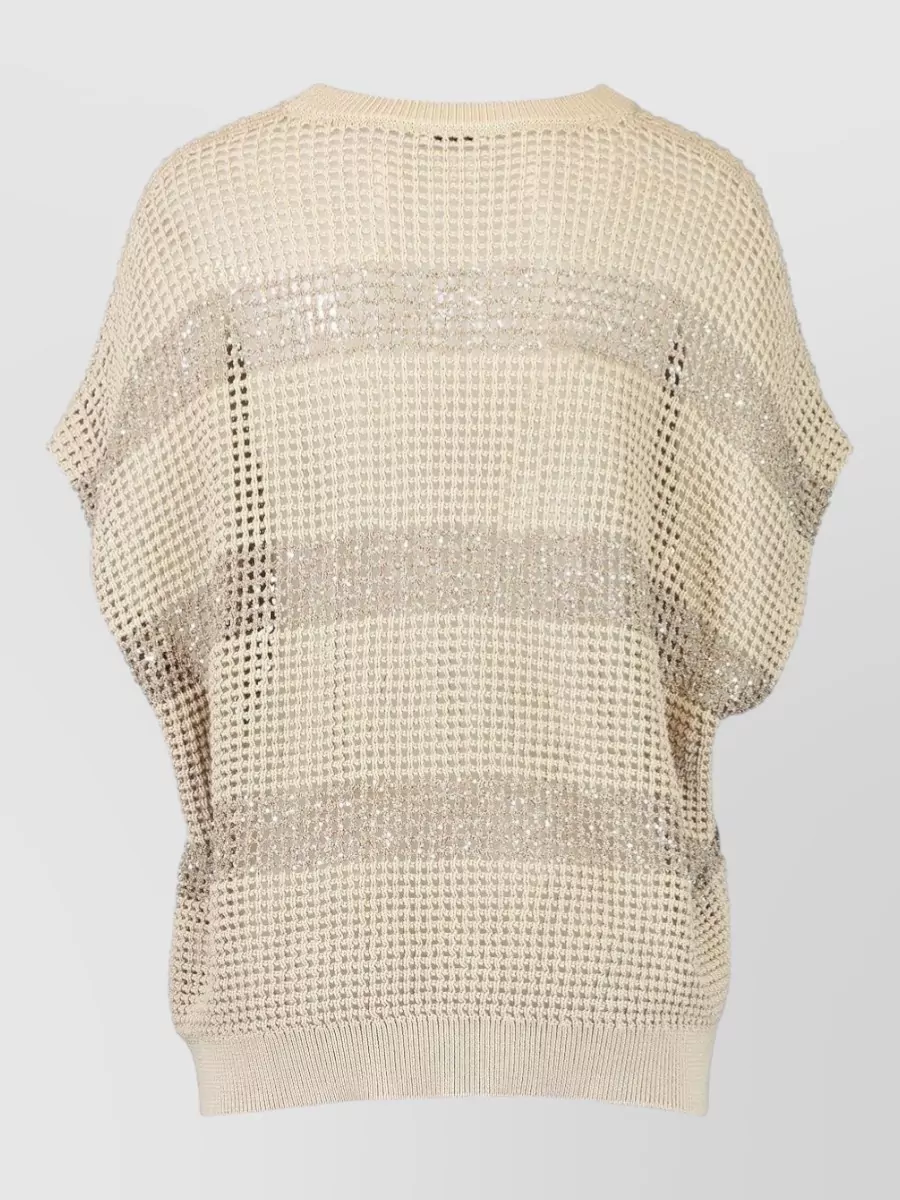 Brunello Cucinelli Striped Open-Knit Short-Sleeve Cotton Sweater
