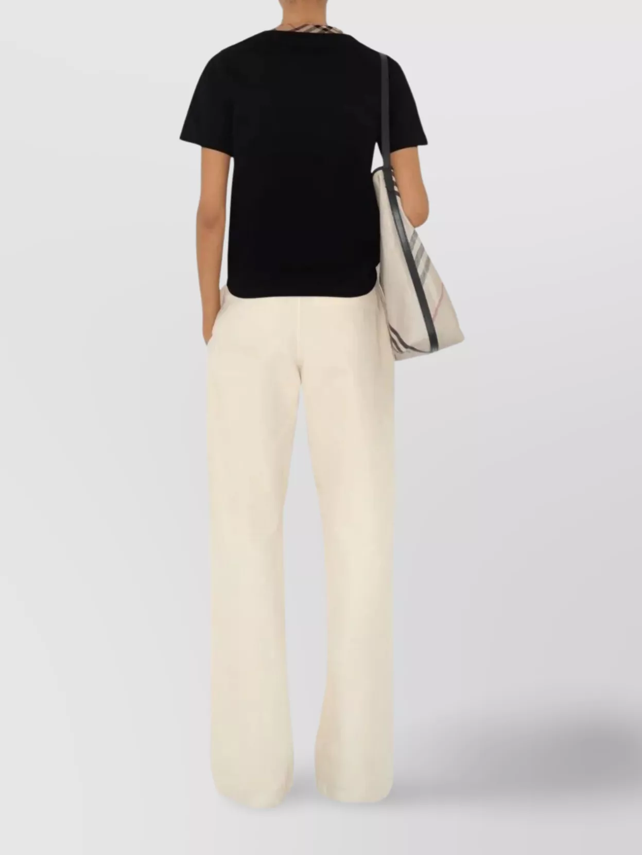 Burberry Black Crewneck T-shirt With Ckeck Motif On The Collar In Cotton Woman