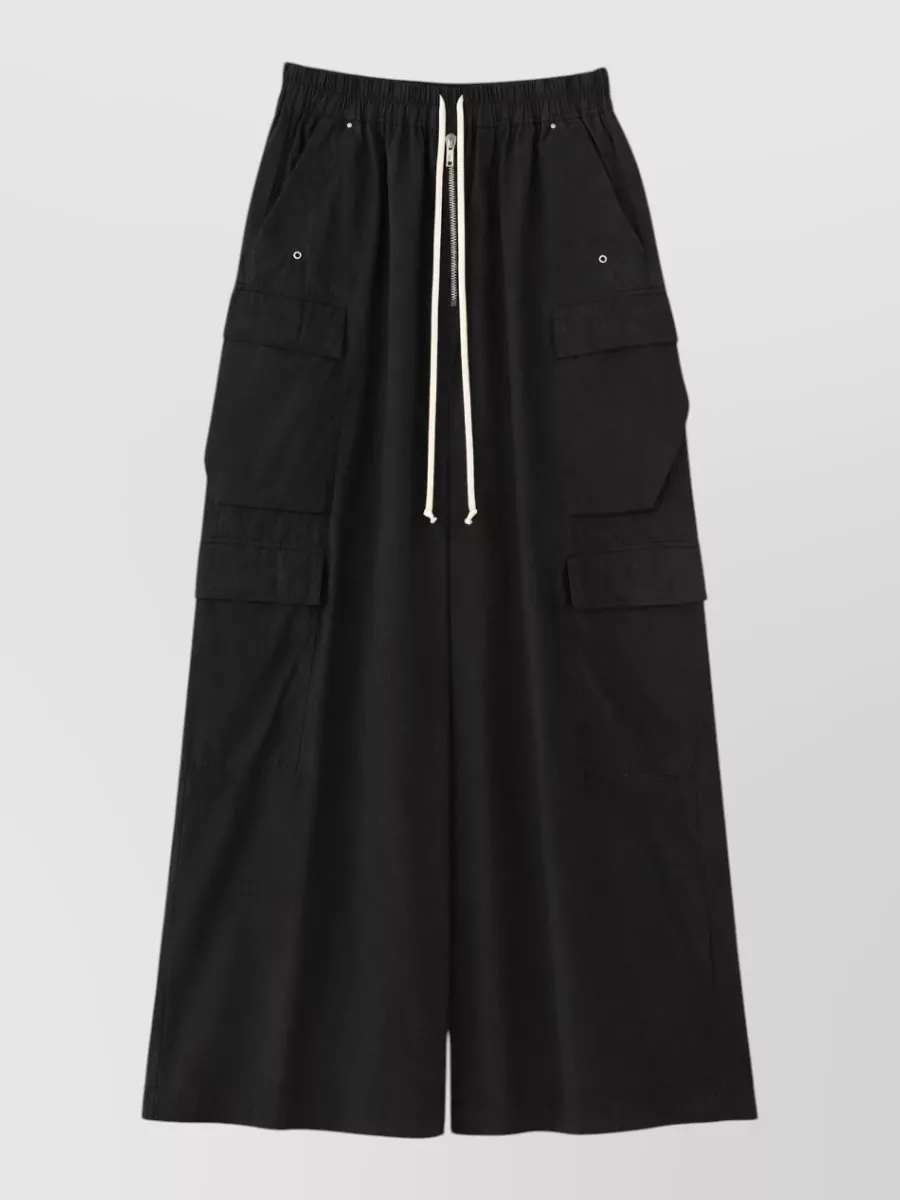 Rick Owens Drkshdw Cotton wide-leg cargo shorts — K’s cropped wide-leg cargo short in inky black with off‑white drawcord best echoes the source’s long, architectural volume and monochrome palette while keeping the SS ease and Rick uniform language intact.