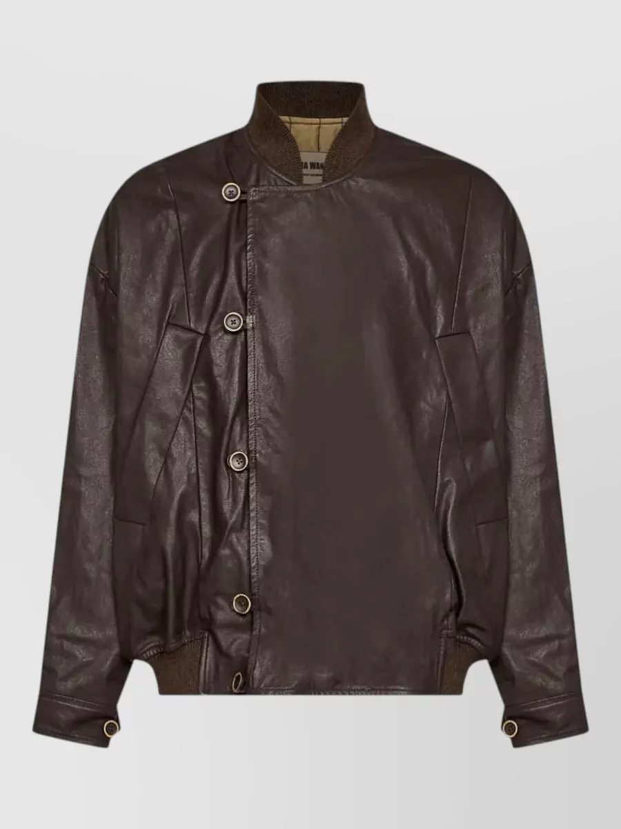 Uma Wang Leather ribbed-collar off-center jacket