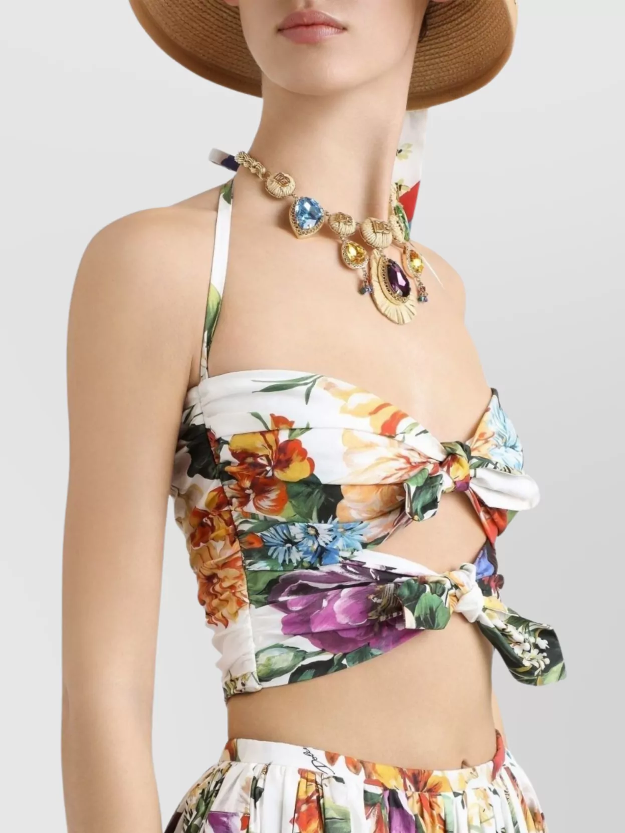 Dolce & Gabbana Floral Bouquet Knotted Popeline Crop Halter Top In Multi