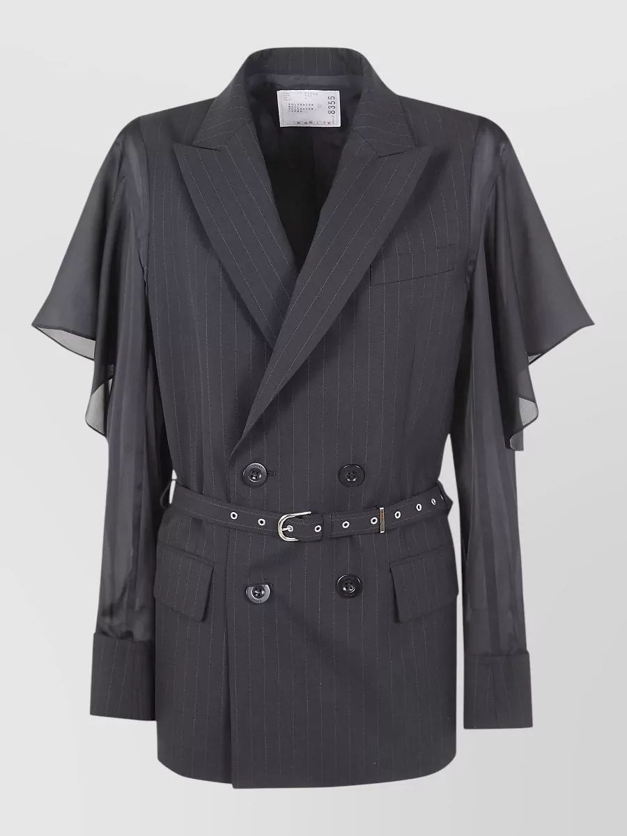 Sacai Stripe Jacket Belted Waist Notched Lapels Sheer Sleeves