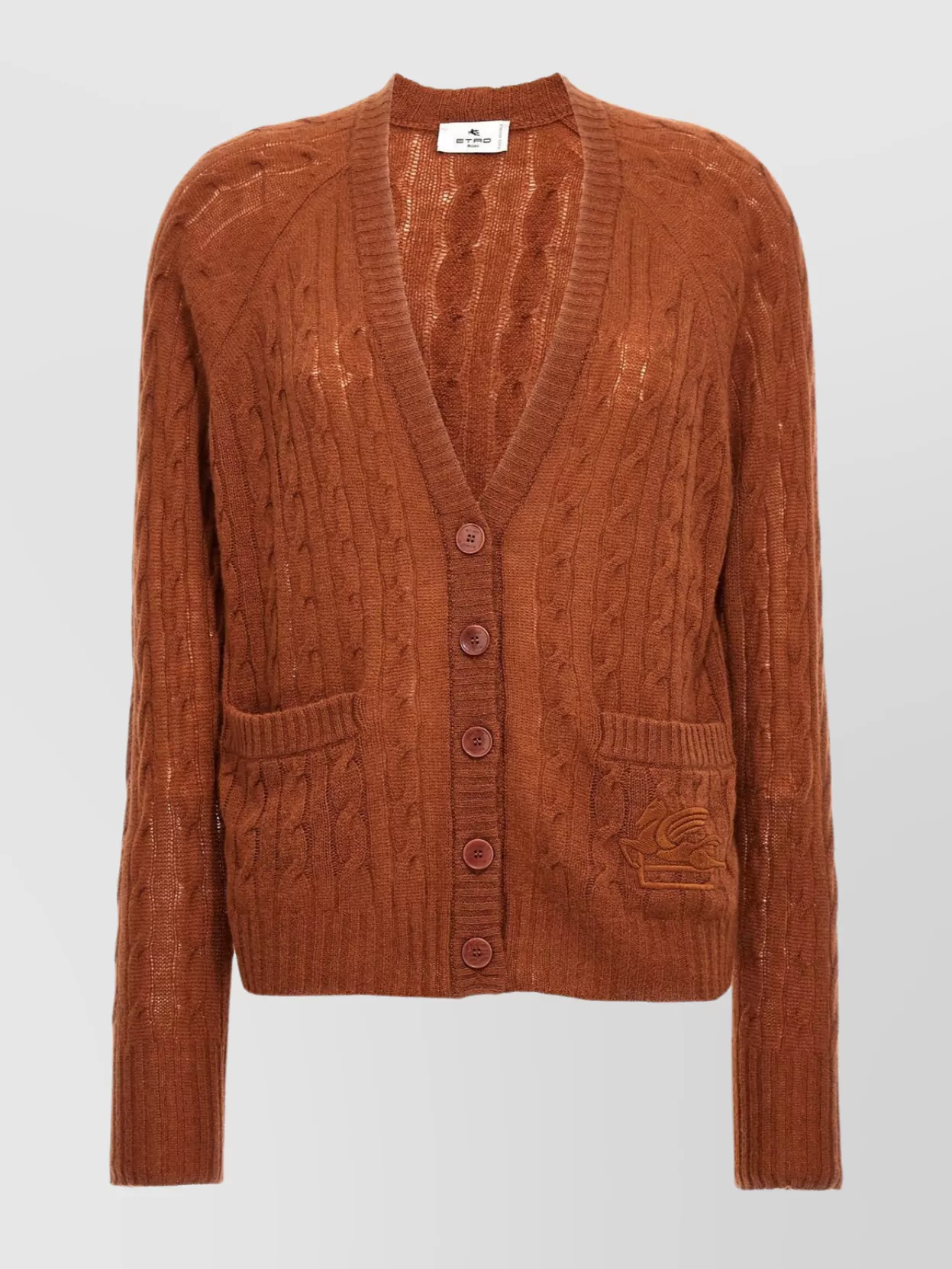 Etro V-neckline Cable Knit Cardigan With Braid Pattern In Brown
