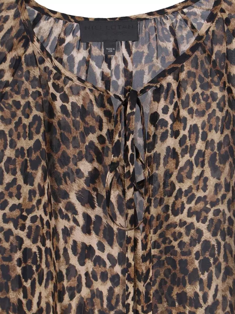 Nili Lotan Sheer Animal Print Top Long Sleeves Tie