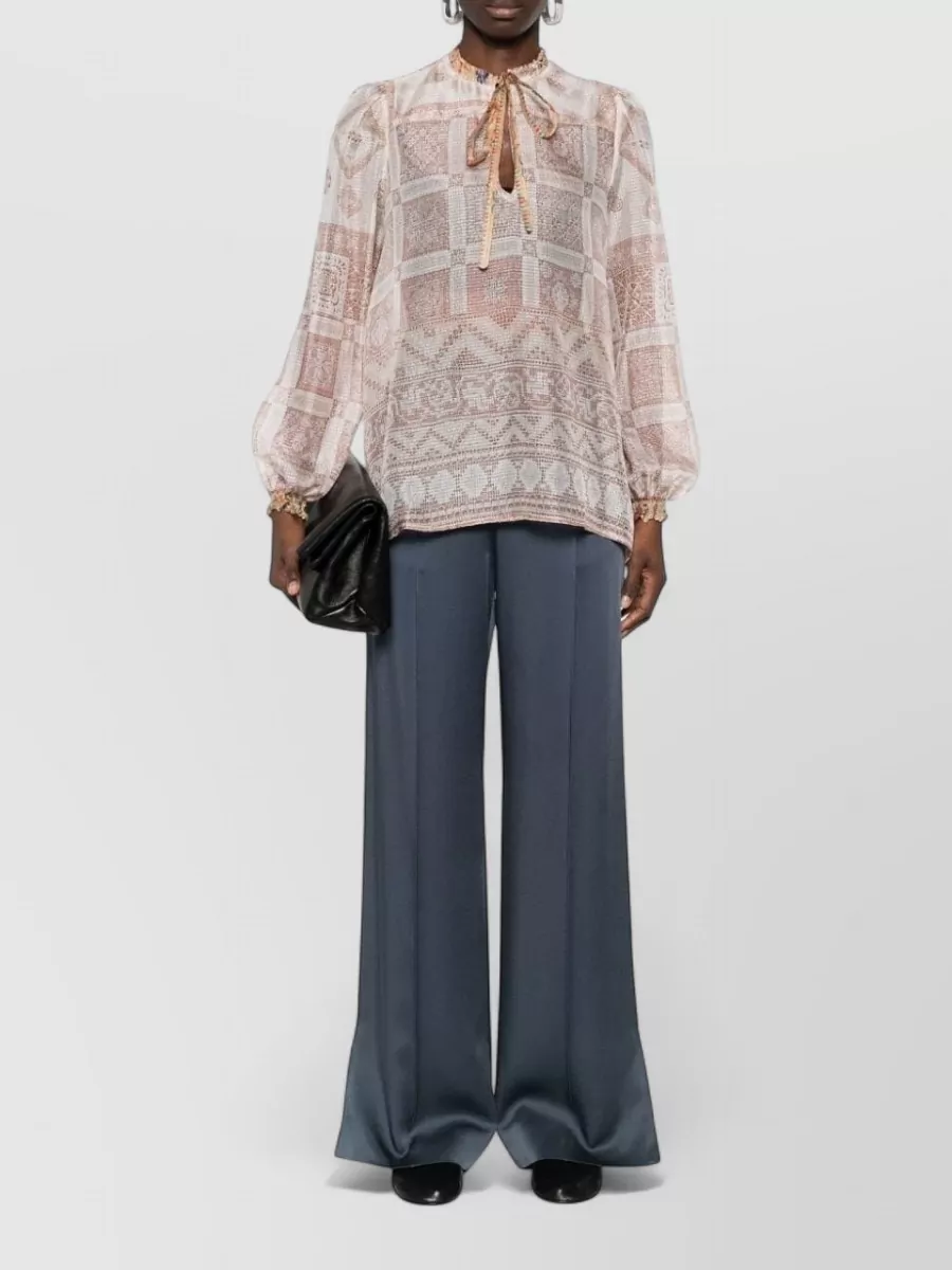 Pierre Louise Mascia Silk Semi-Sheer Printed Ruched Pussy-Bow Long-Sleeve Asymmetric Blouse