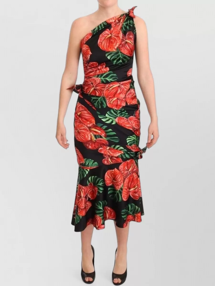 Dolce&Gabbana Silk floral print one-shoulder draped midi dress