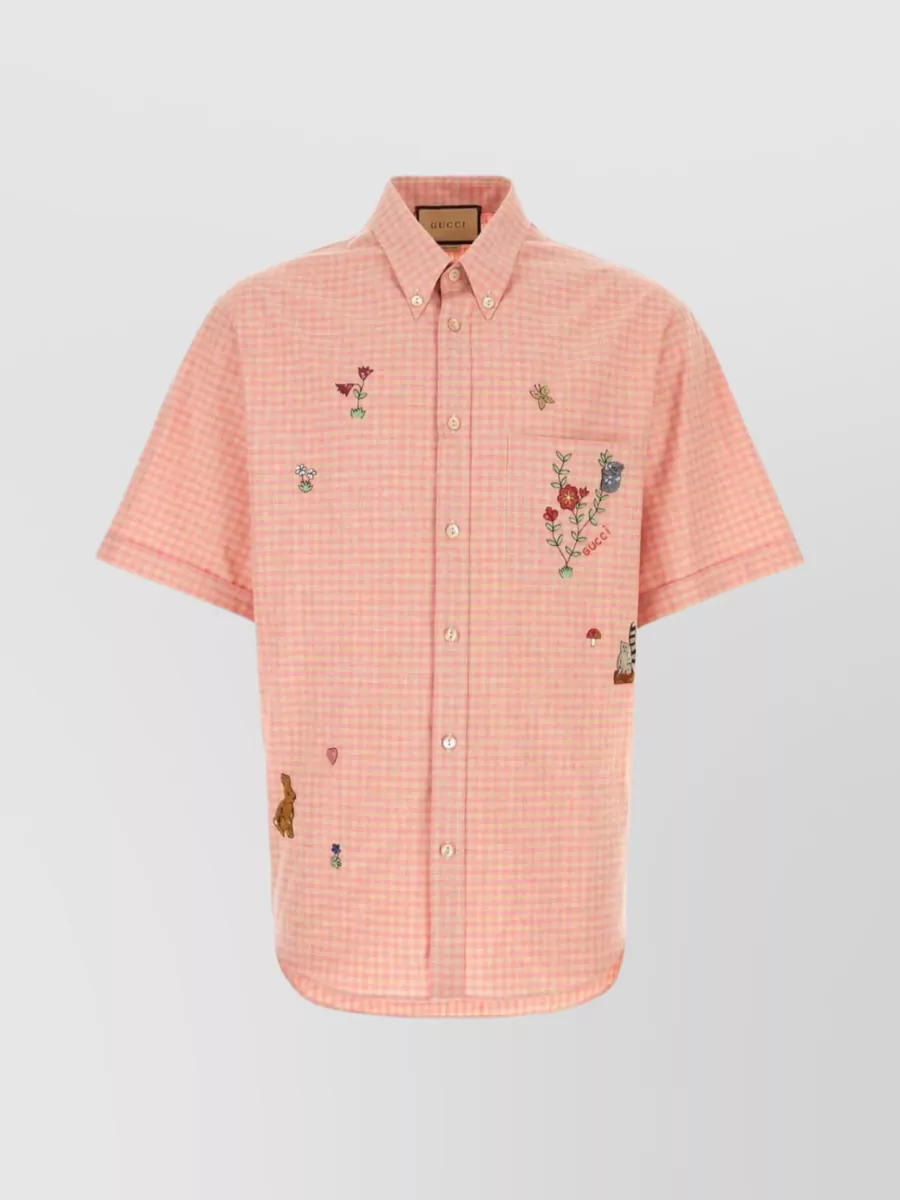 Shop Gucci Buttoned Cotton Shirt With Embroidered Accents And Curved Hem In Pastel