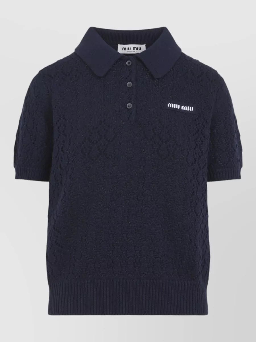 Miu Miu Openwork Lace-Knit Cotton Short-Sleeve Polo Shirt