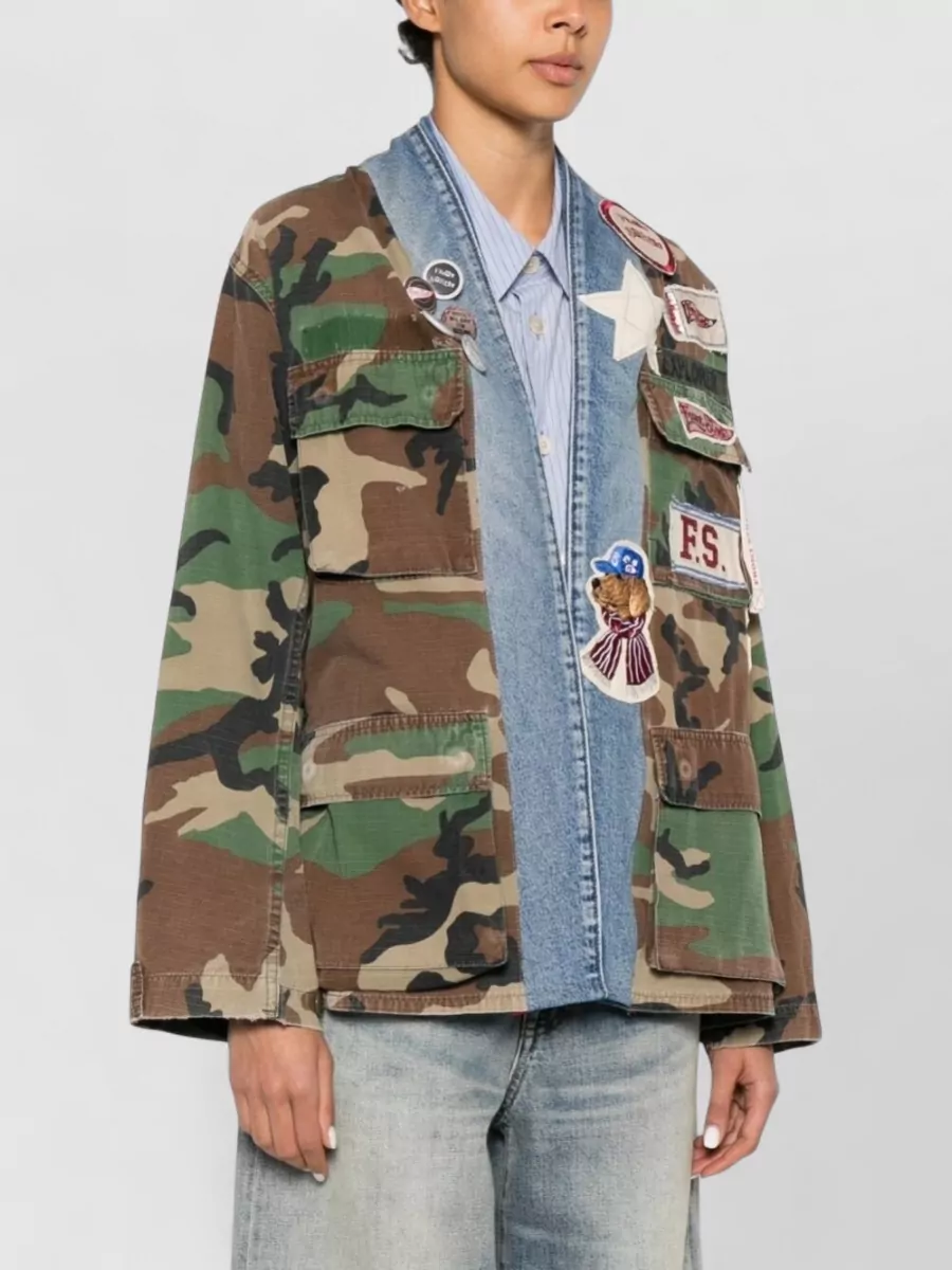 Front Street Cotton Printed Patch Embellished Single Breasted Coat