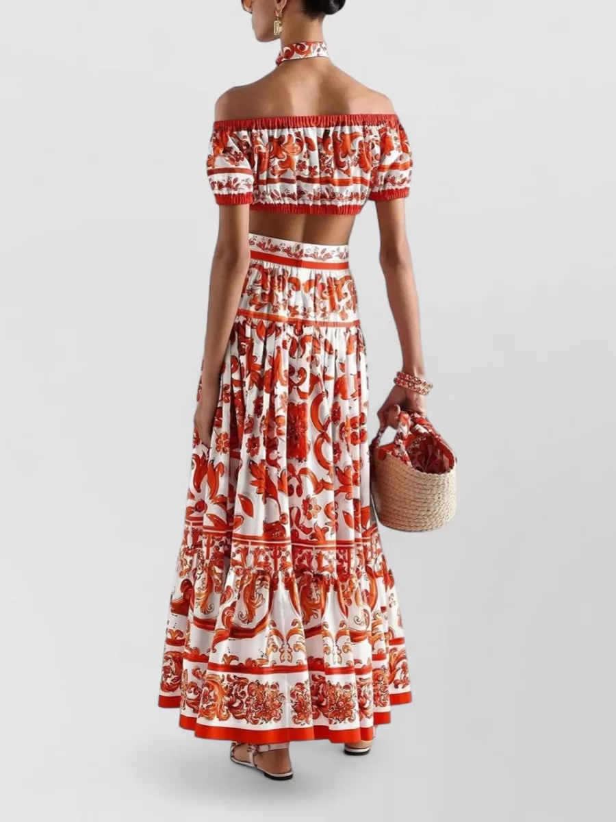 Dolce&Gabbana Cotton Majolica-Print Off-The-Shoulder Cropped Top