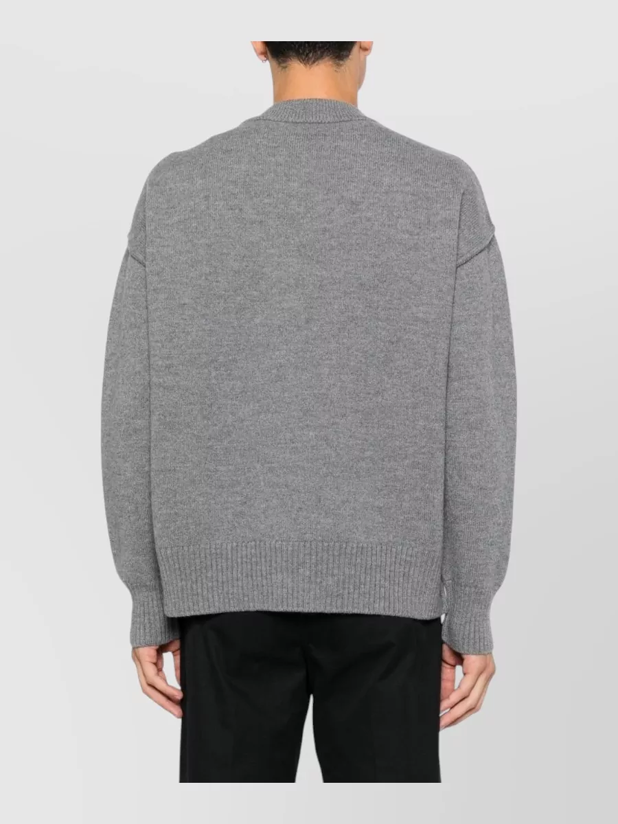 Ami Paris Wool Intarsia-Knit Crew-Neck Long-Sleeve Cardigan