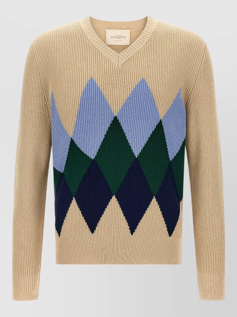 Ballantyne Argyle Waffle-Knit V-Neck Cotton Jumper