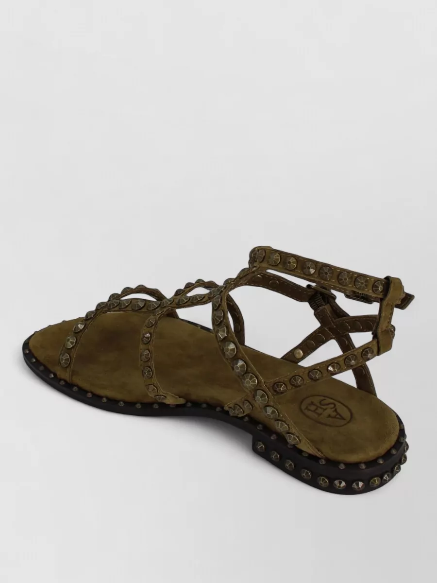 Ash Studded Leather Ankle Strap Flat Sandals In Brown