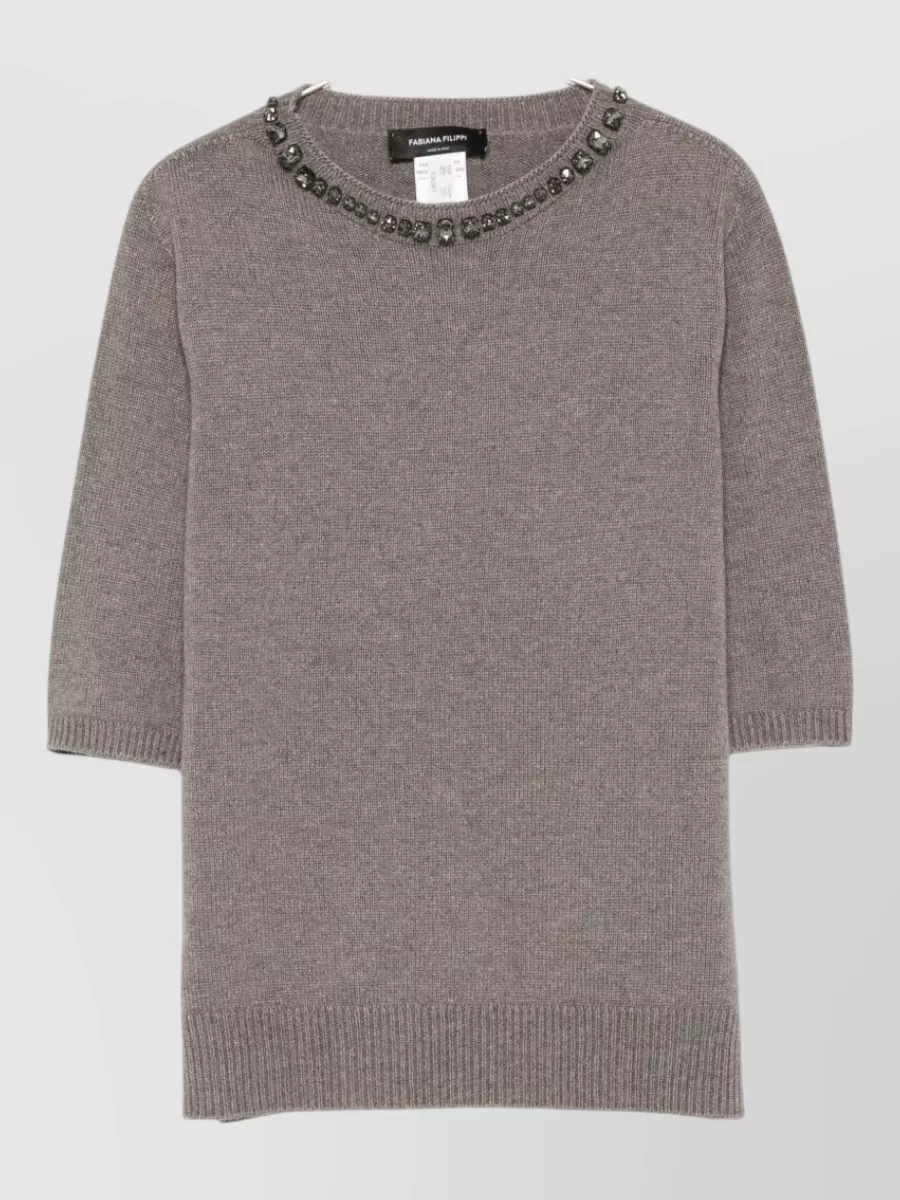 Fabiana Filippi Wool silk cashmere fine-knit crystal-embellished short-sleeve sweater