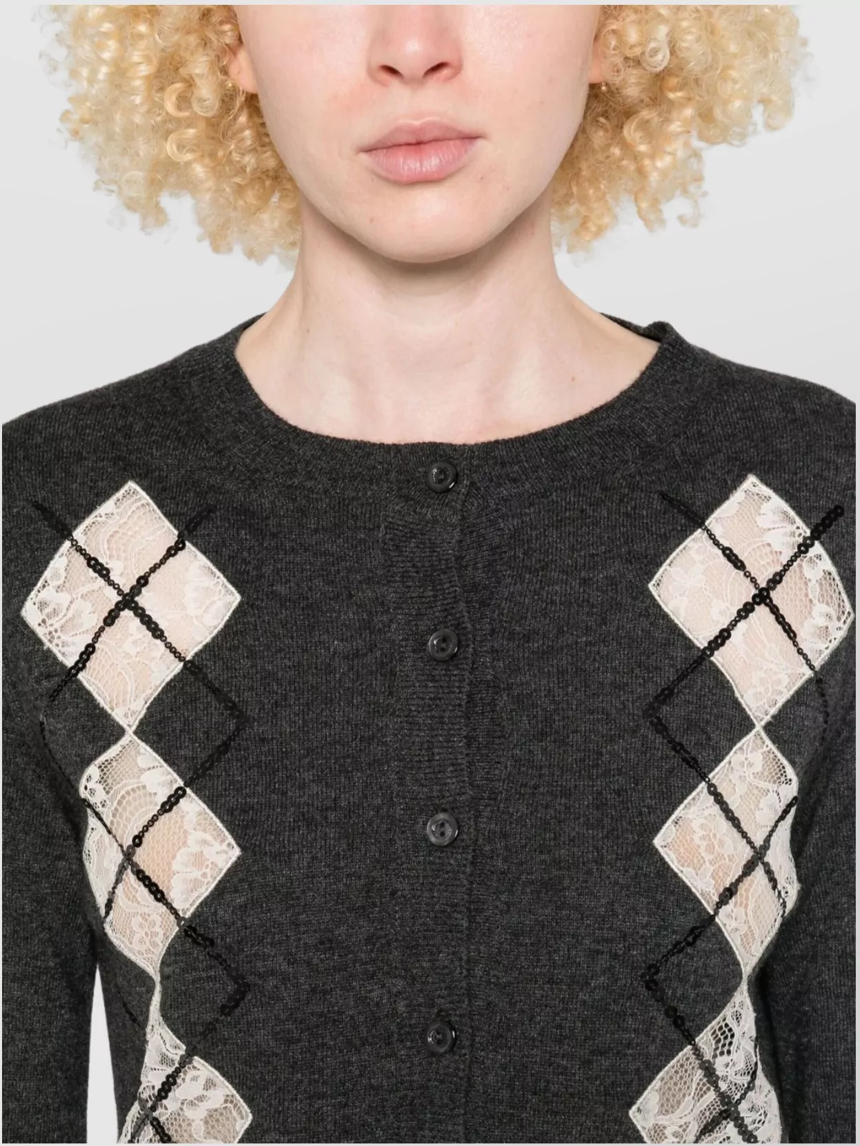 Ermanno Firenze Long Sleeve Argyle Knit Cardigan With Lace