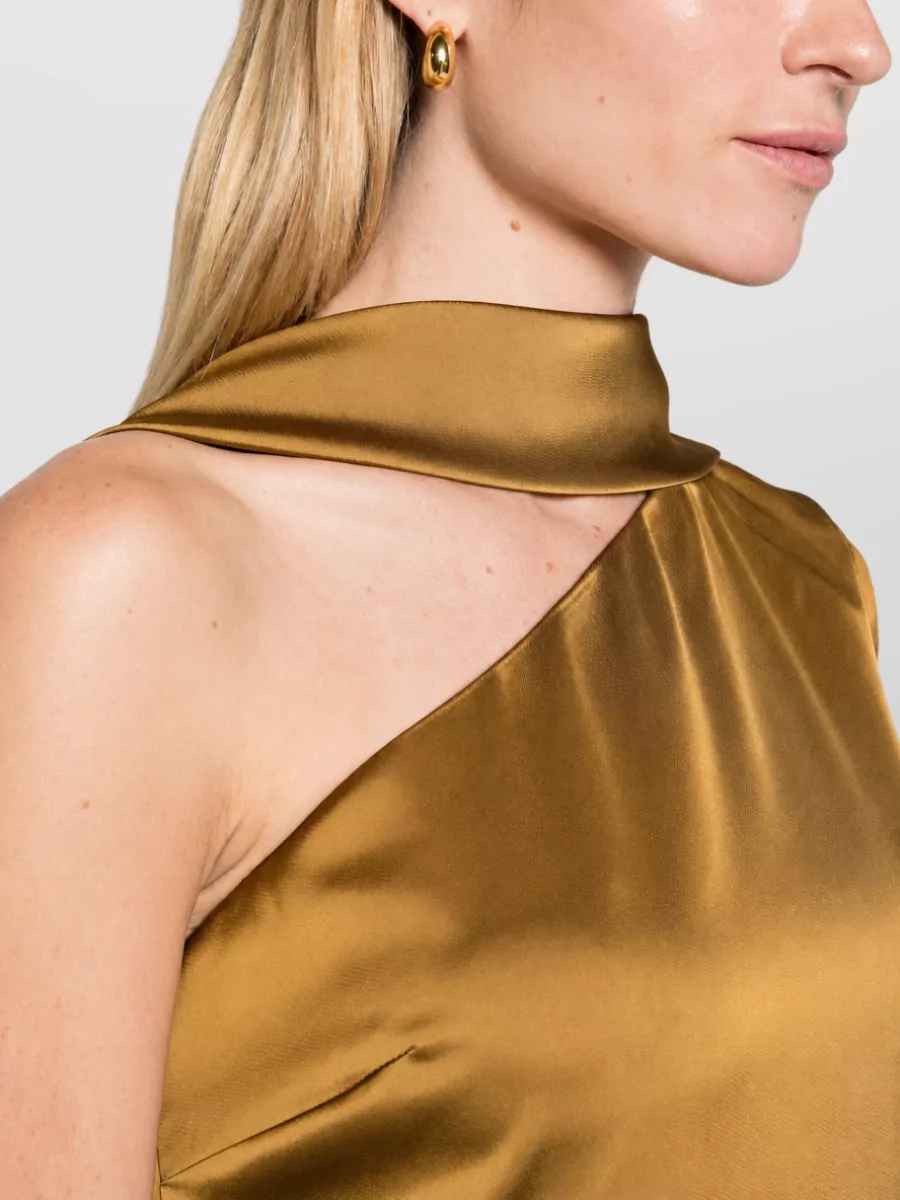 Solace London Satin High-Neck One-Shoulder Sleeveless Draped Maxi Dress