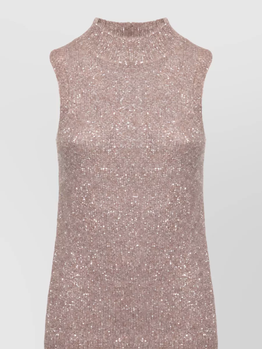 D.exterior sequined sleeveless high-neck knitted top