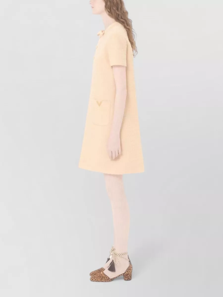 Valentino Wool Dress Short Sleeves Textured Fabric Bow In Neutral