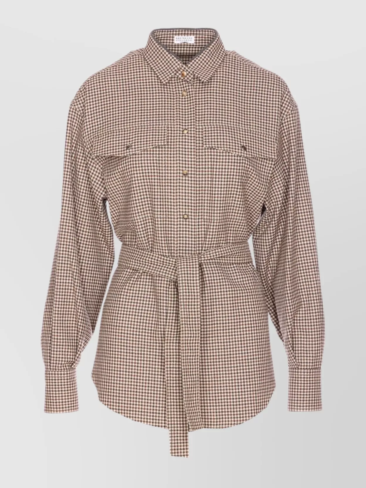Brunello Cucinelli Check Shirt With Belted Waist And Pockets In Neutral