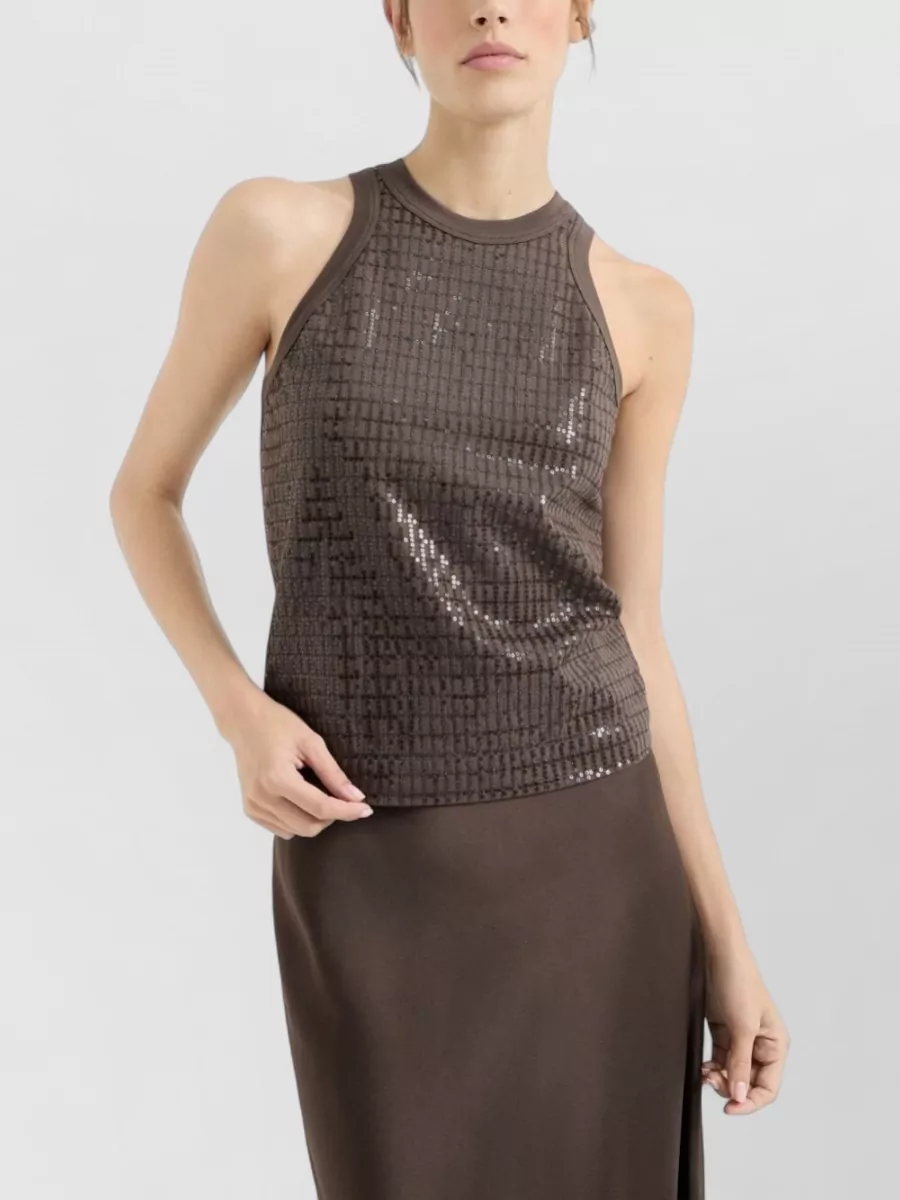 Brunello Cucinelli Checked Sequin Racerback Tank Top Embroidery