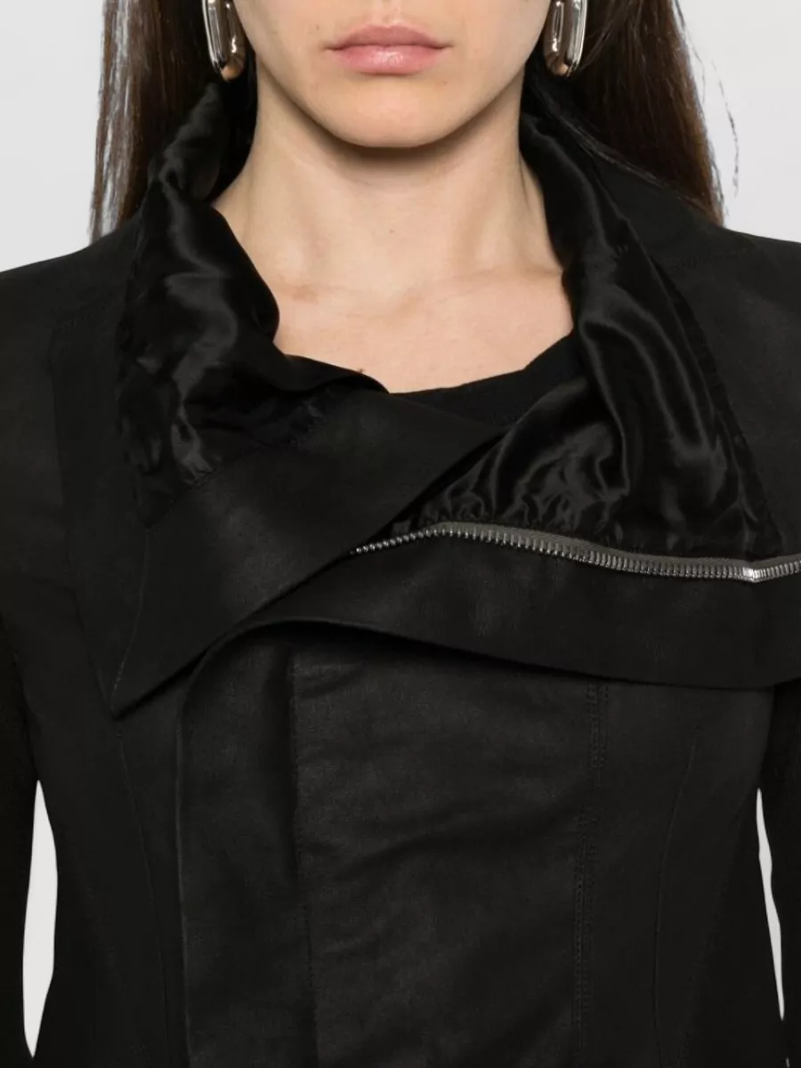 Rick Owens Leather Jacket Asymmetric Hem Draped Collar