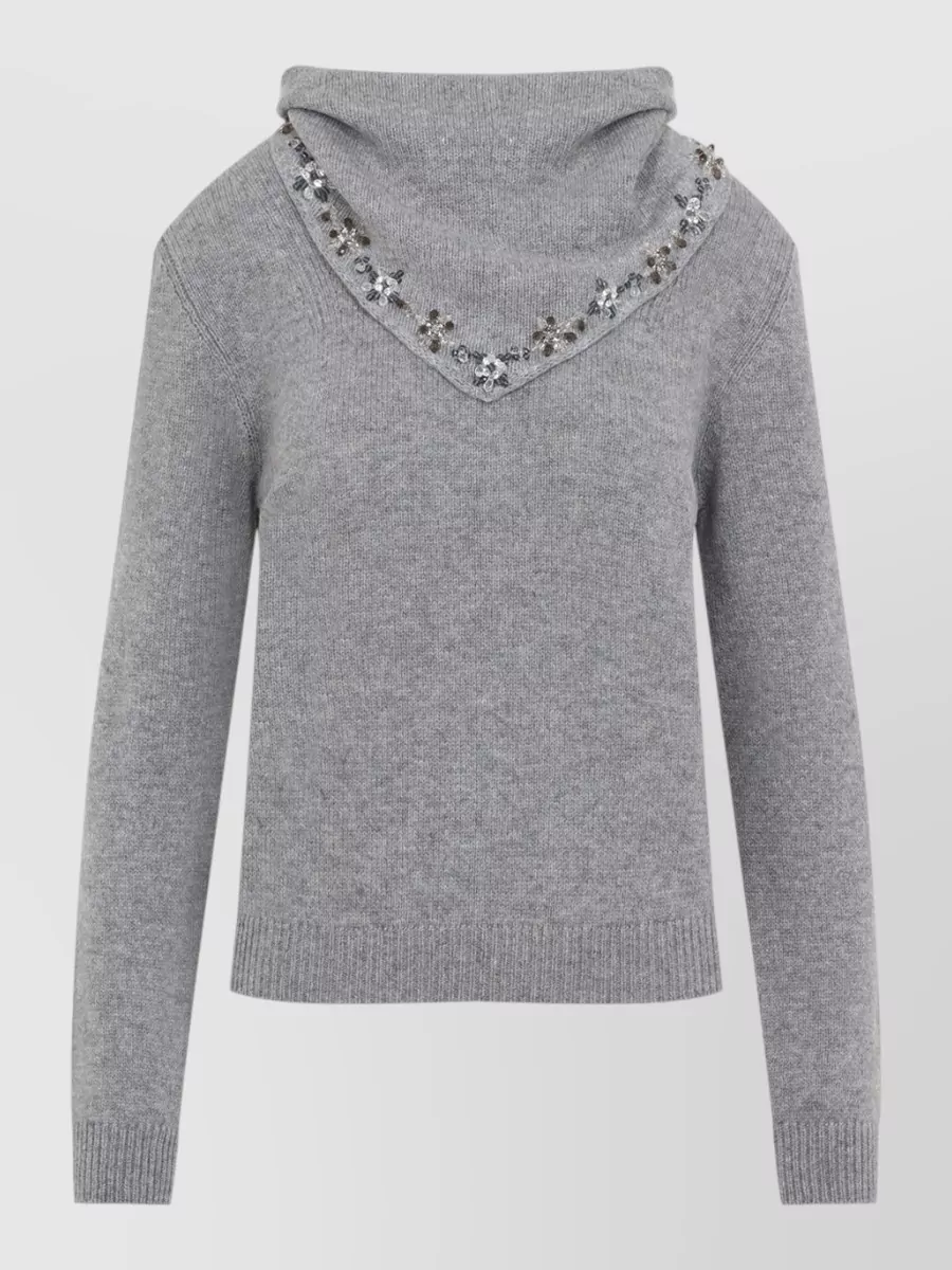 Prada Cashmere Crystal Embellished Scarf Detail Sweater
