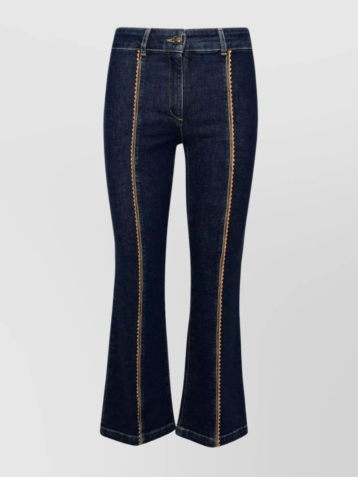 Shop Moschino Flared Silhouette Denim Trousers With Contrast Stitching