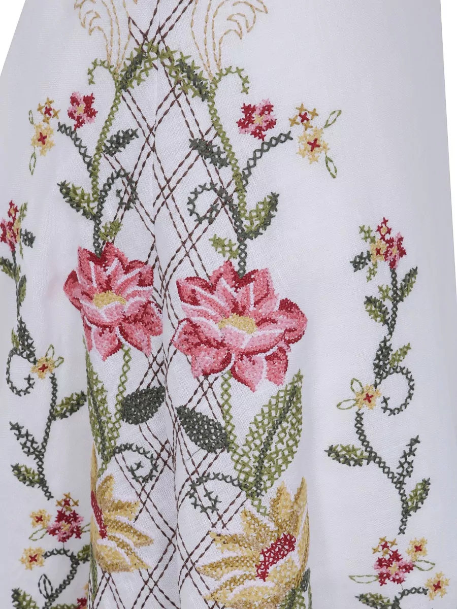 Farm Rio Linen Embroidered Asymmetric-Hem Sleeveless Midi Dress