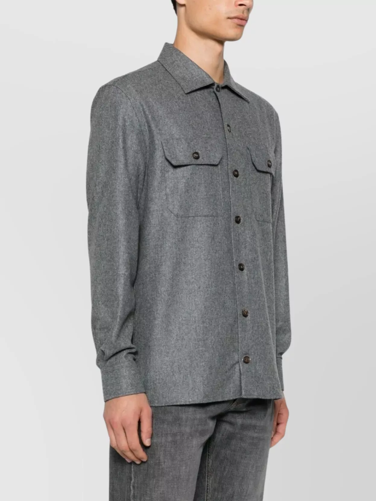 Brunello Cucinelli Wool Shirt With Straight Hem And Buttoned Hems In Gray