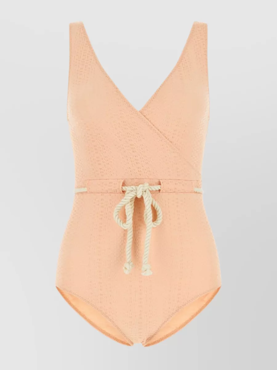 Shop Lisa Marie Fernandez Yasmin V-neck Swimsuit With Belted Waist In Beige
