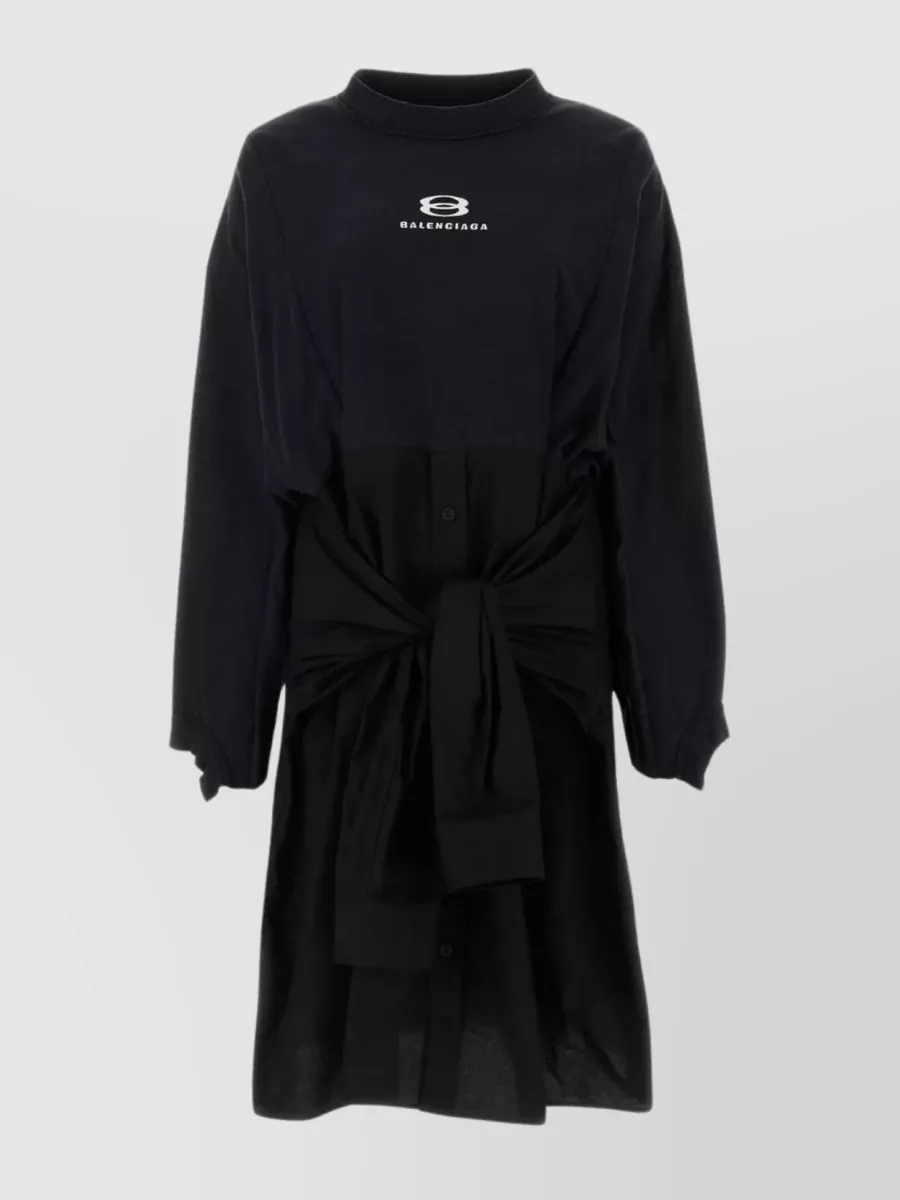 Shop Balenciaga Cotton And Poplin Oversized Dress With Tie Sleeves In Black