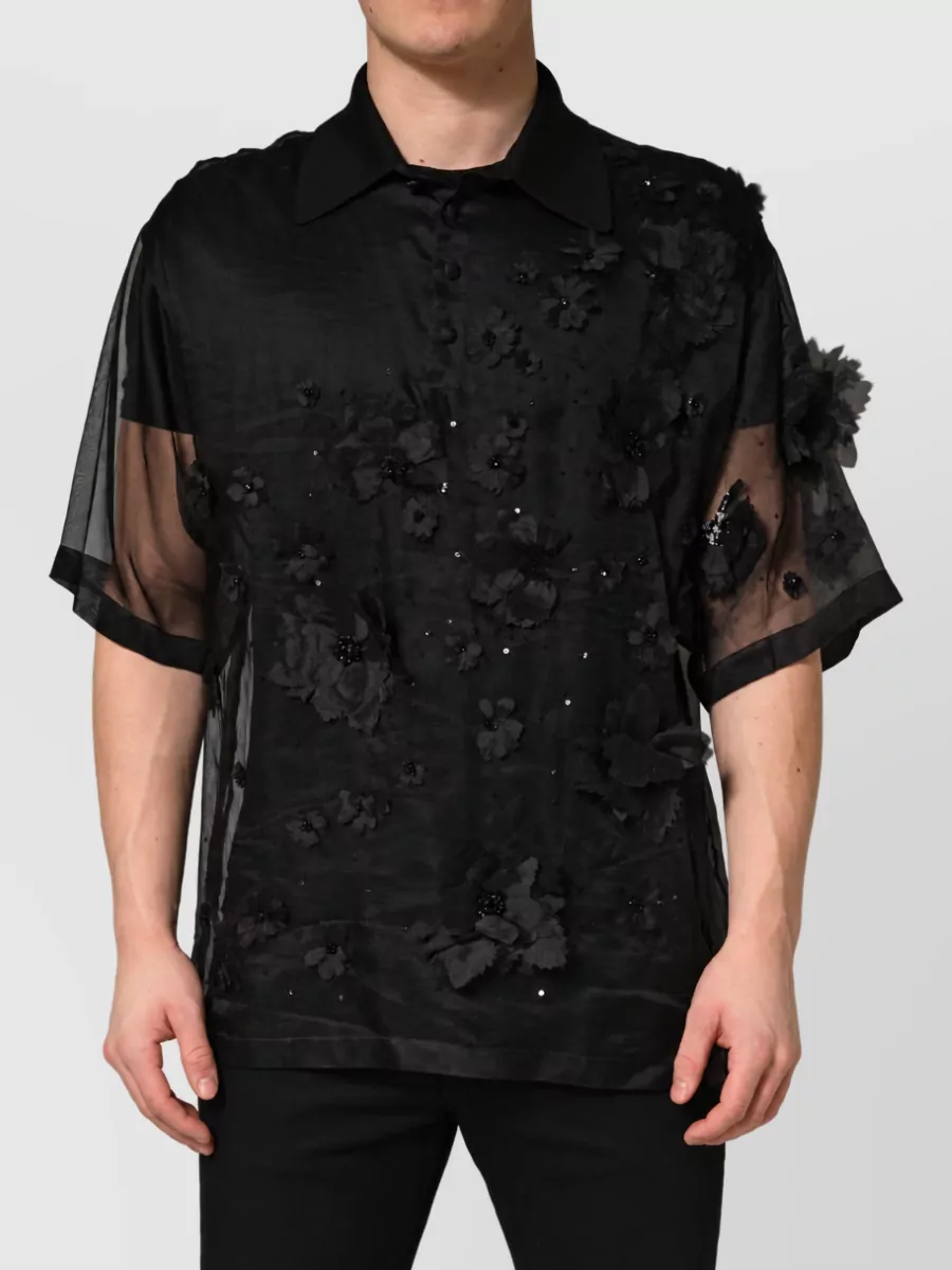 Dolce&Gabbana silk sheer floral appliqué short sleeve shirt