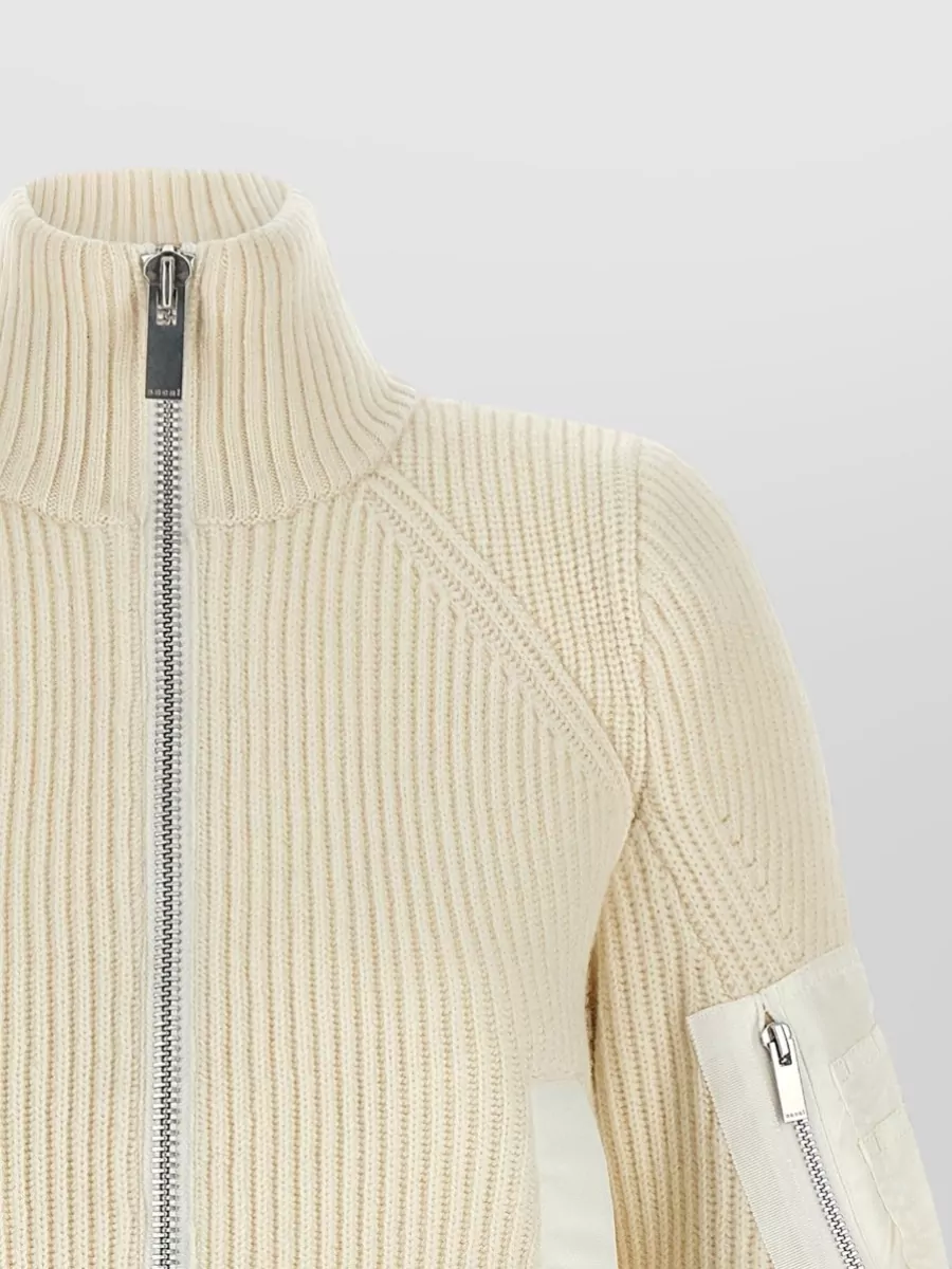 Sacai Wool Ribbed Cropped Funnel-Neck Bell-Sleeve Jumper
