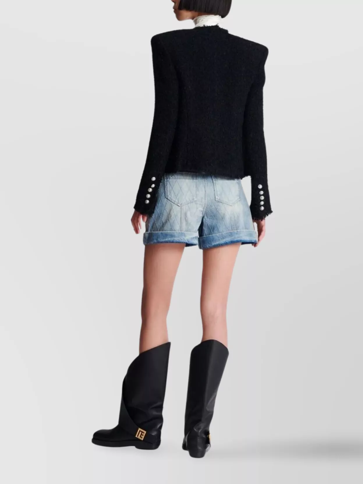 Shop Balmain Tweed Jacket With Frayed Edges And Gold-tone Buttons