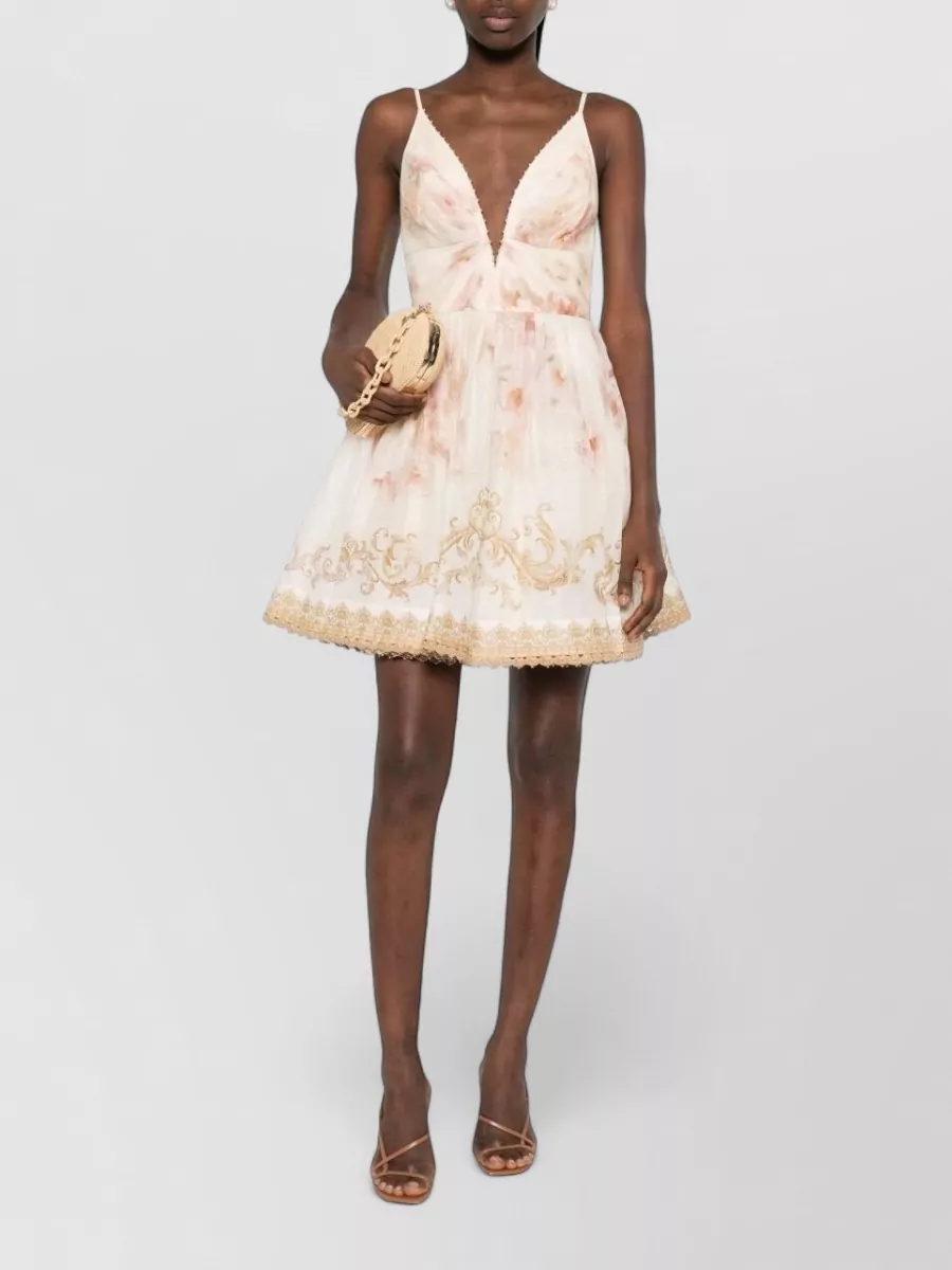 Zimmermann Linen Silk Floral Print V Neck Mini Dress