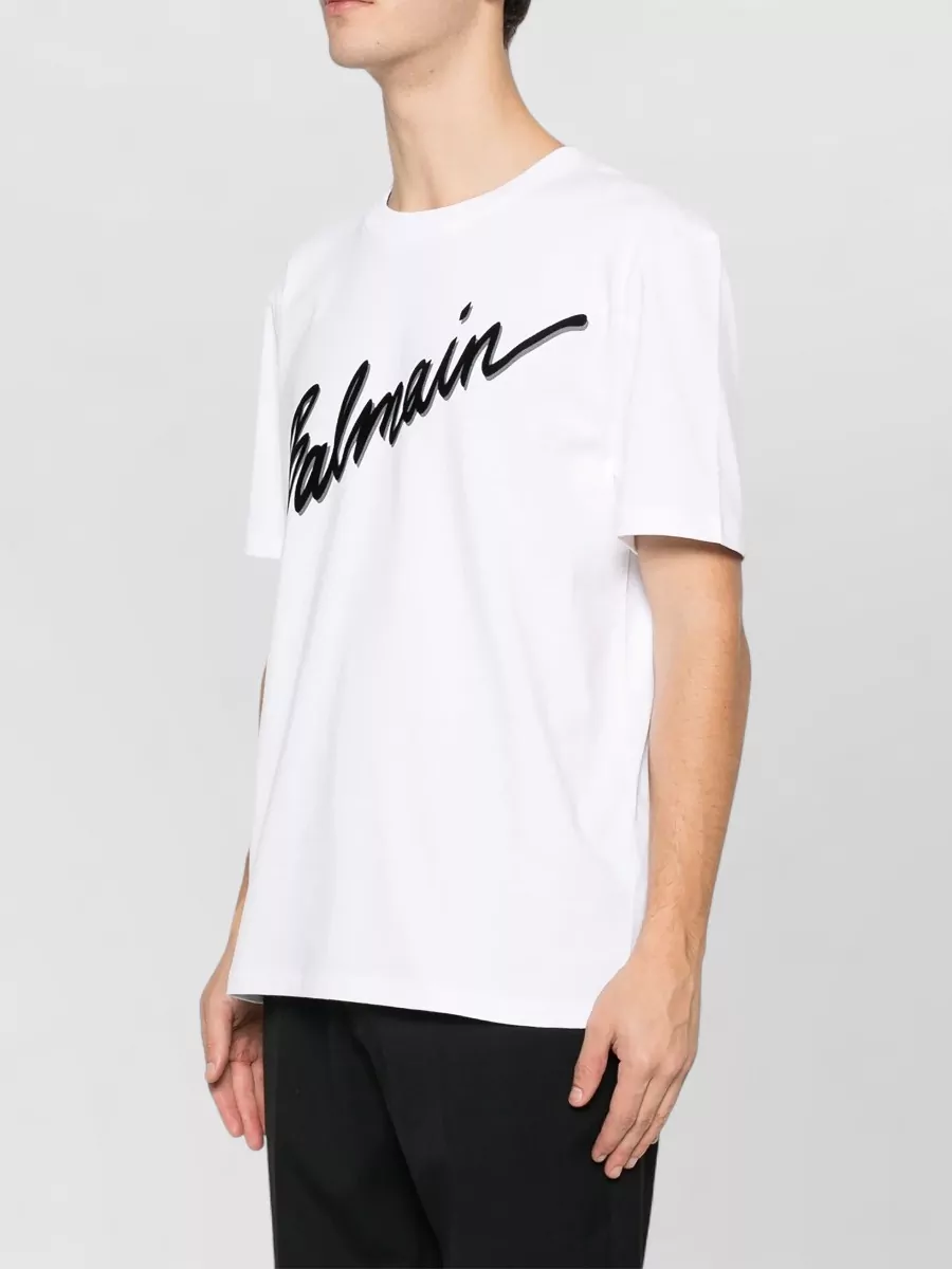 Balmain Letter Logo Flock Print Short Sleeve T Shirt